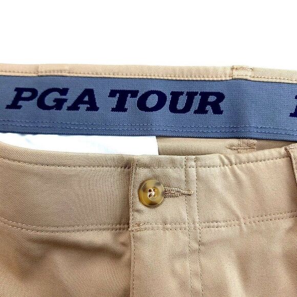 PGA Tour Tan Flat Front Dress Pants Polyester Elastic Waist Mid Rise 37/32 - Picture 4 of 7